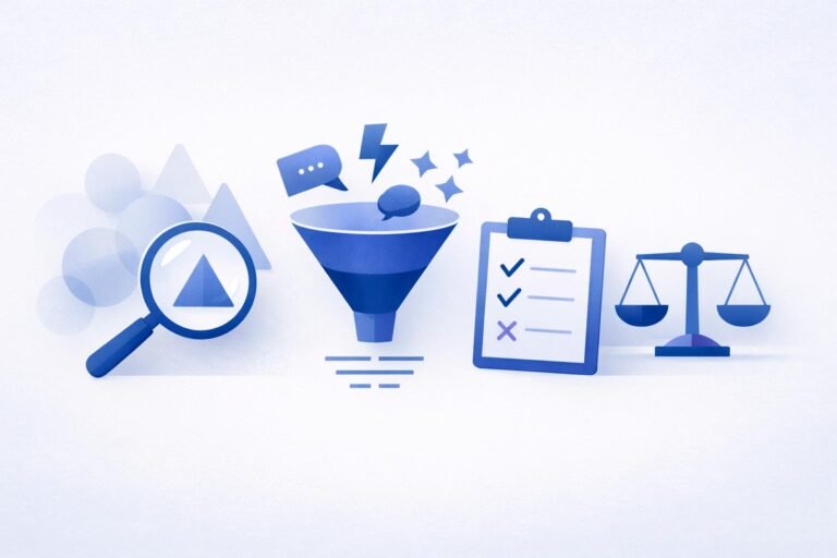 Ilustração editorial minimalista representando análise crítica de discursos de marketing, com filtragem de ruído, avaliação racional e ausência de hype