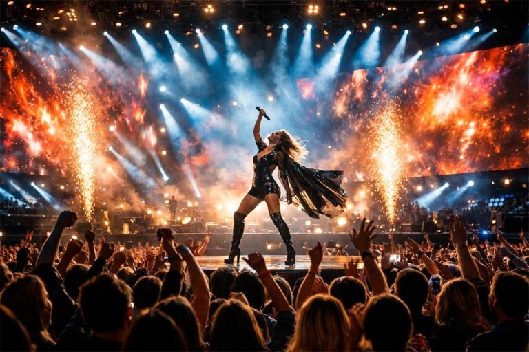 Artista pop em grande palco diante de multidão de fãs