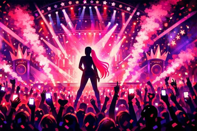 Ilustração editorial de show pop inspirada no impacto cultural de Nicki Minaj