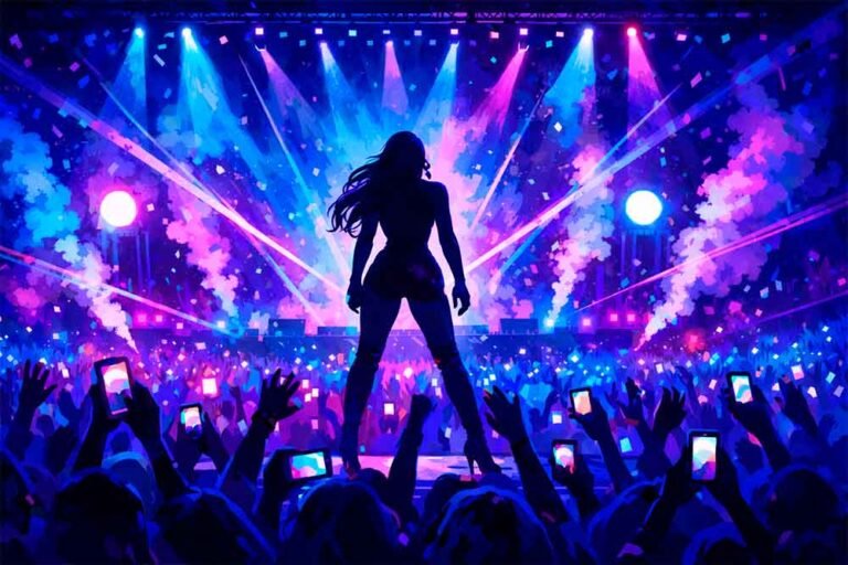 Ilustração de grande show pop com Beyoncé em silhueta e multidão iluminada