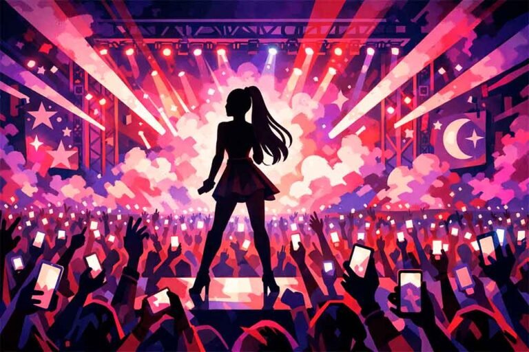 Ilustração editorial de show pop inspirada no impacto cultural de Ariana Grande