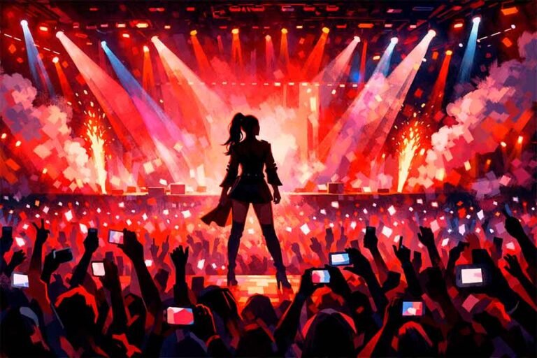 Ilustração editorial de show pop inspirado no impacto cultural de Rihanna