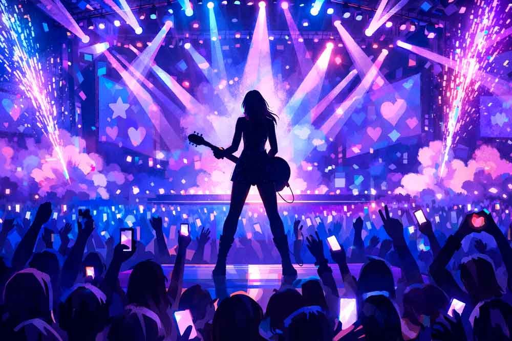 show de Taylor Swift com palco iluminado e multidão