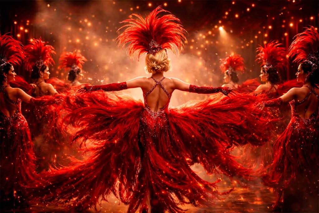 Performers em cena teatral dramática com plumas vermelhas, estética pop cinematográfica inspirada em “The Fate of Ophelia”