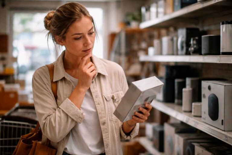 Pessoa avaliando produto na loja em dúvida se vale a pena comprar