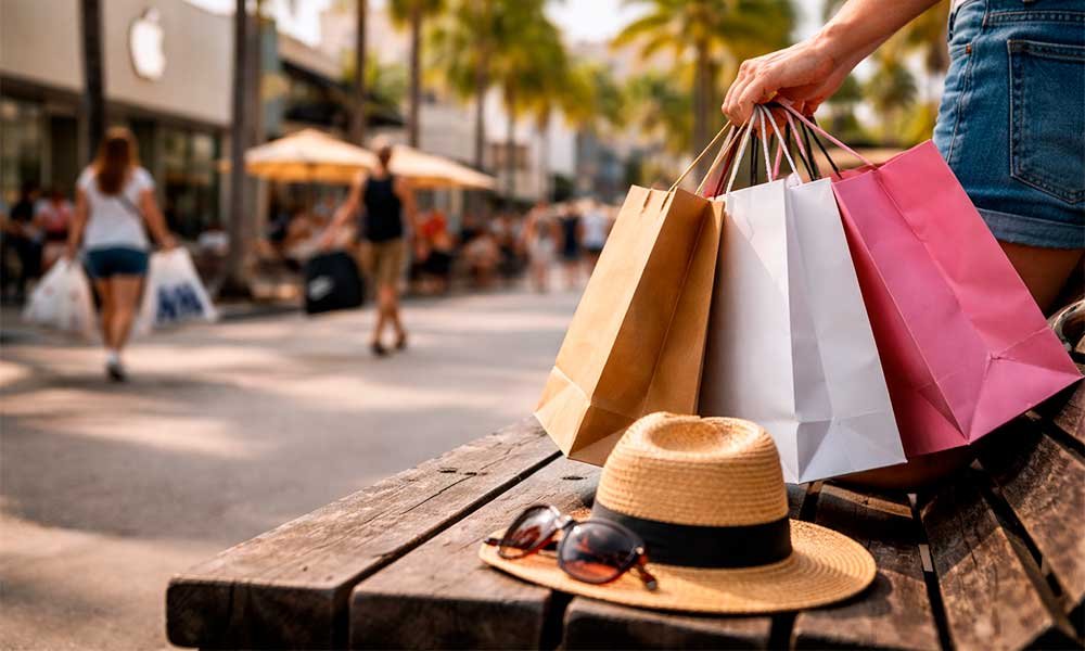 Turista fazendo compras em Miami mostrando o contexto real de gastos