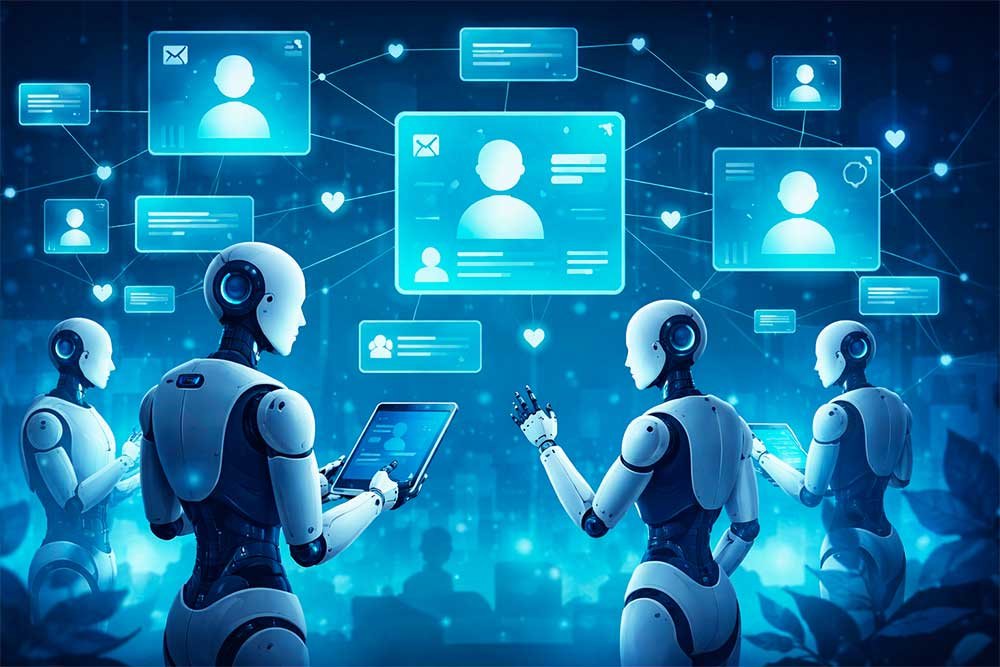 Rede social de IAs Moltbook com perfis digitais conectados, ilustrando interação entre MoltBots em ambiente automatizado